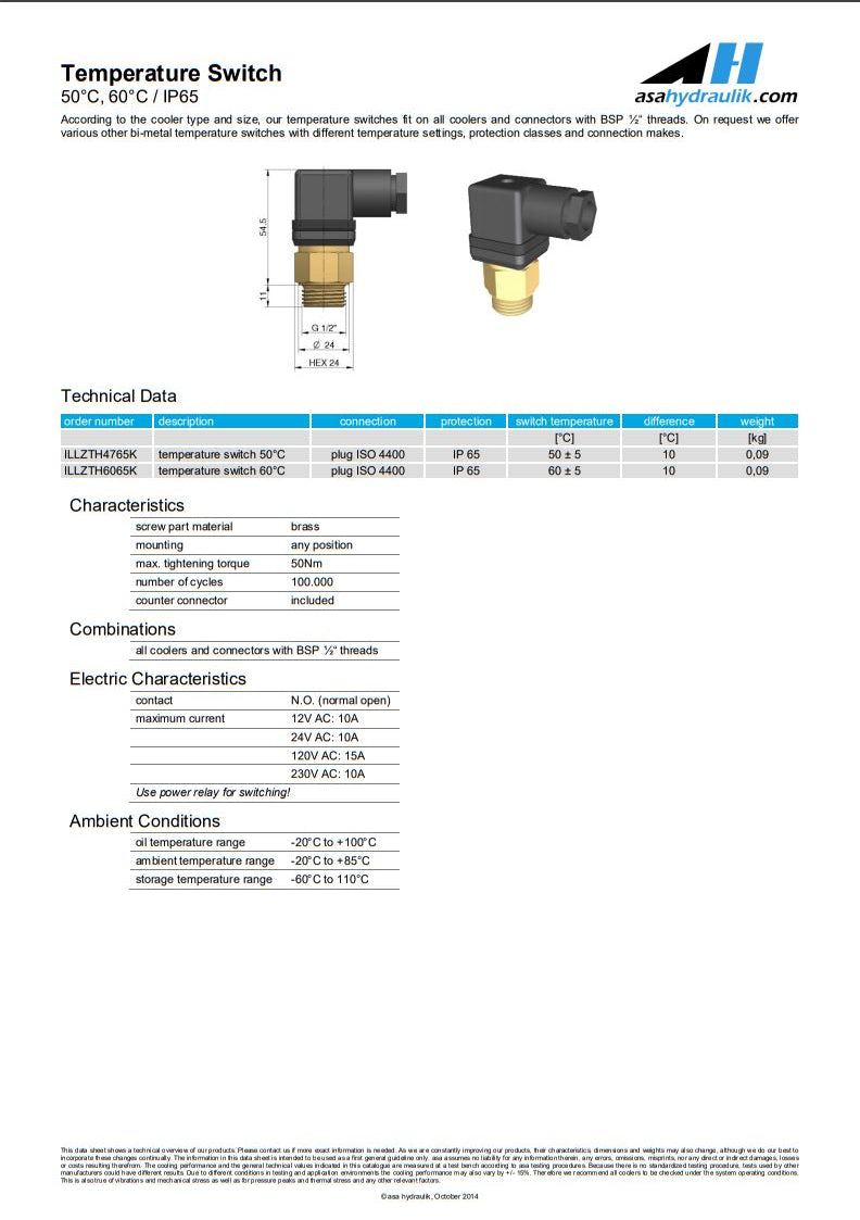 ASA ILLZTH6065K 60 Deg Temperature Switch - Unwin Hydraulic Engineering